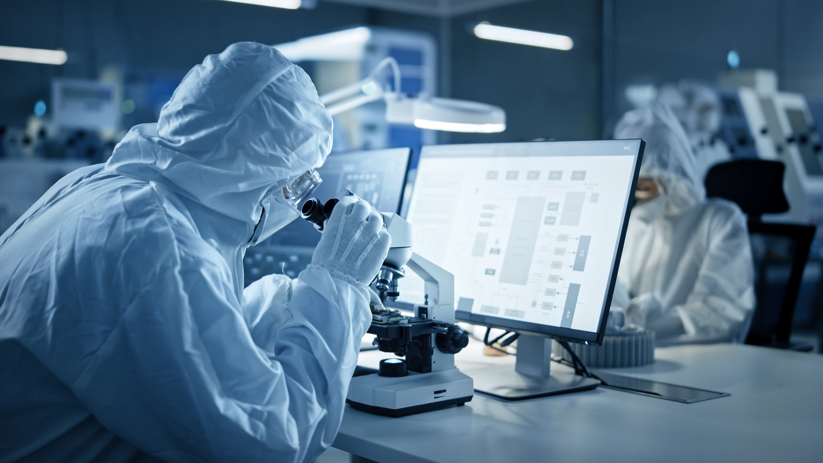Research Factory Cleanroom: Team of Engineers and Scientists in Coveralls Work on Computers, Use Microscope to Inspect Motherboard Microprocessor, Developing Electronics for Medical Electronics