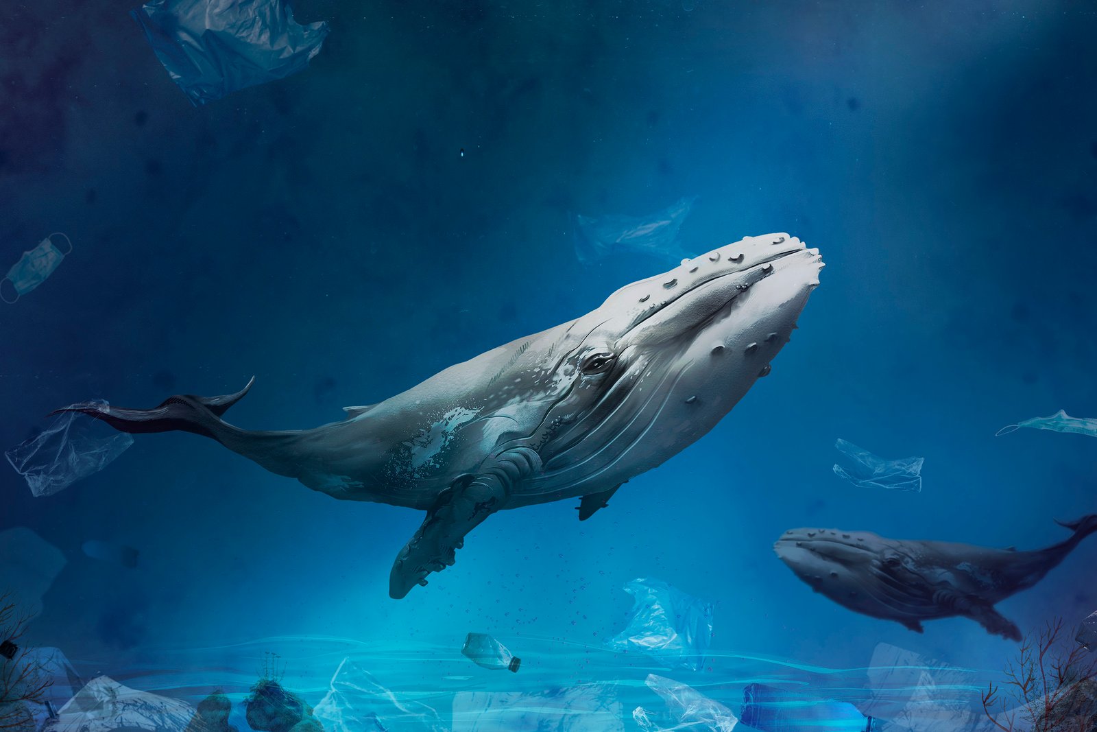 Ocean pollution campaign with whale swimming with plastic bags f